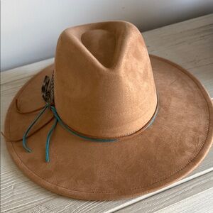 Tan Suede Women's Hat with Feather Accent